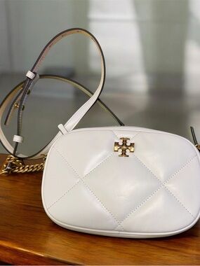 Tory Burch White Quilted Leather Camera Crossbody with Gold Logo
